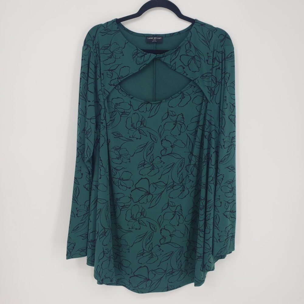 Lane Bryant Floral Print Keyhole Cut Out Blouse Top 22 Long Sleeves Green Black